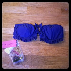 Navy Blue Ruffle Trim Bandeau Bikini Top NWT